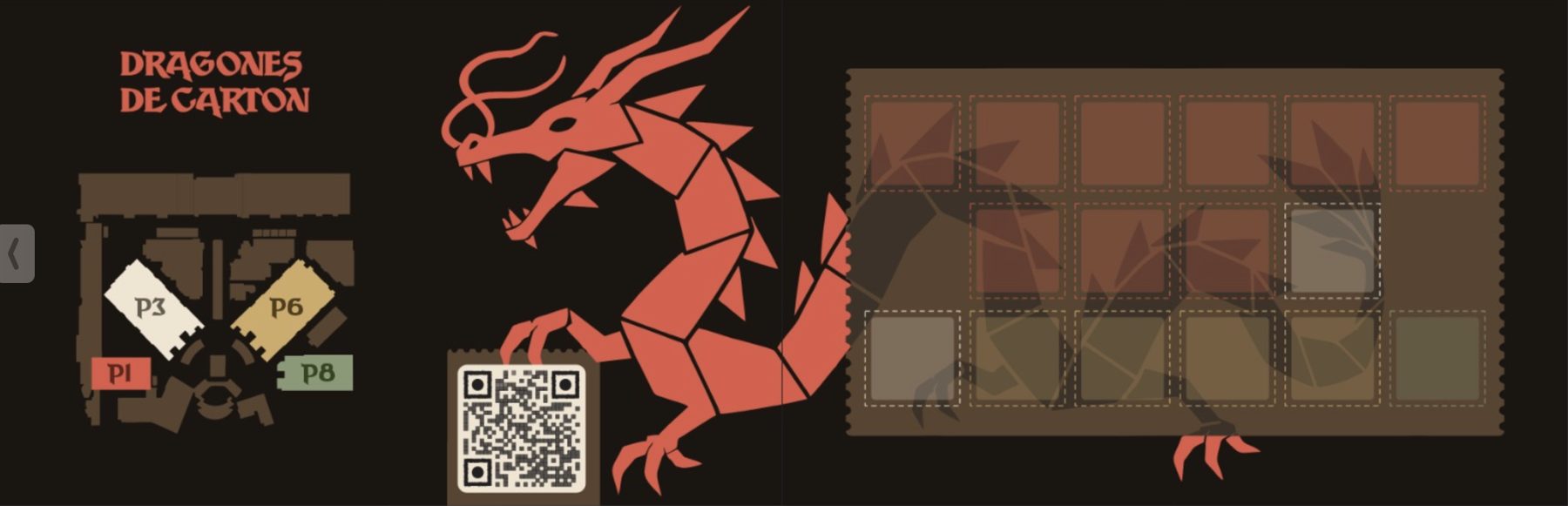 El cartón de Dragones de Cartón: mapa de pabellones, un dragón rojo y una cuadrícula de 16 casillas para sellos